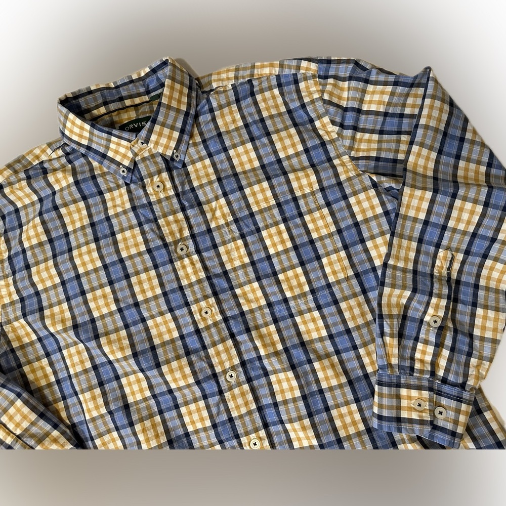 Orvis Button Down Shirt Active Fit Blue Yellow Plaid Checked Men's XL